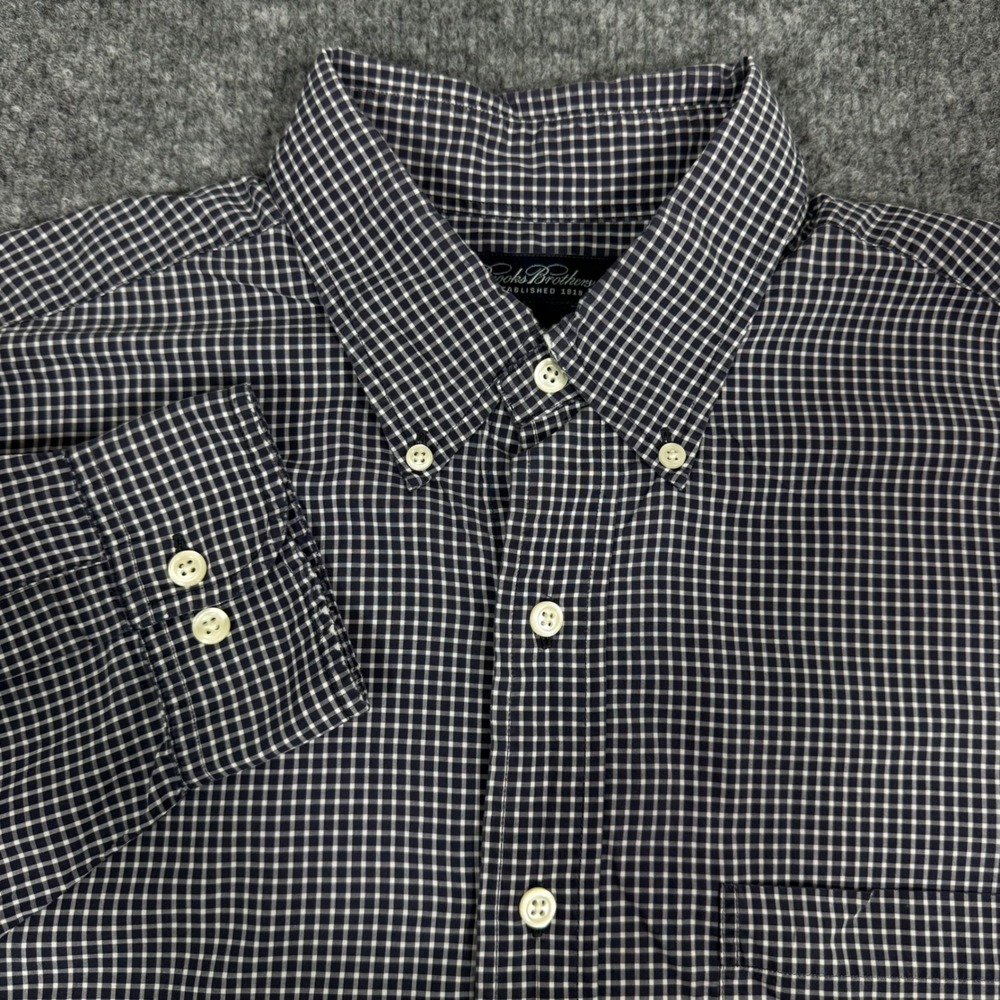 Brooks Brothers Button Down Gingham Shirt Mens Large Navy Blue Cotton READ